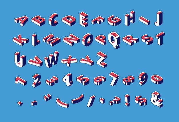 Isometric alphabet, abc, numbers and punctuation. Free Vector
