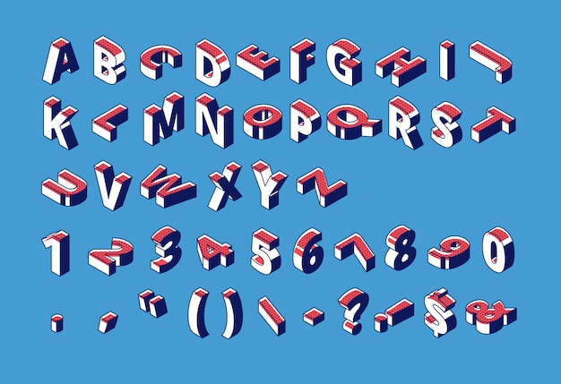 Isometric alphabet, numbers and punctuation with halftone dotted pattern standing and lying in raw on blue. Free Vector