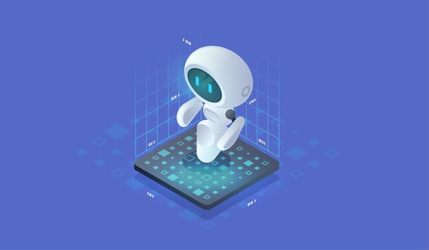  Isometric artificial intelligence. neuronet or ai technology background with small robot. chat bot 