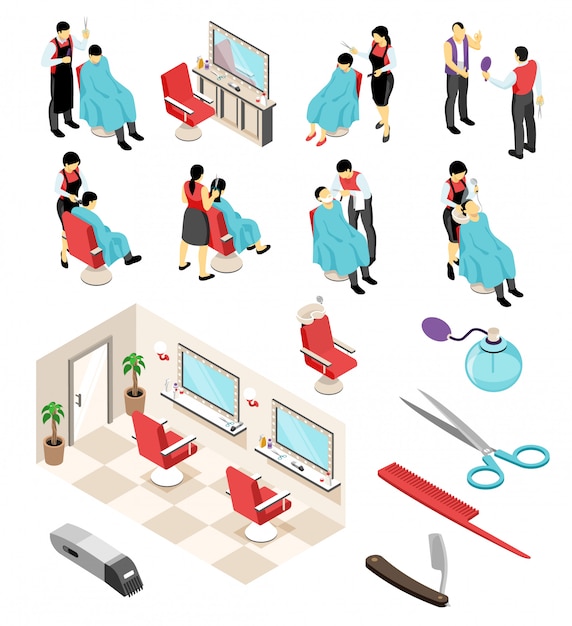 Isometric Barber Hairdresser Professional Set With Human