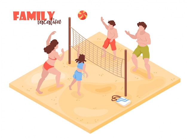 無料のベクター テキストベクトルイラストとバレーボールの家族の人間のキャラクターと等尺性ビーチハウス熱帯の休日