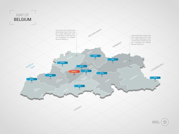等尺性ベルギーの地図 都市 国境 首都 行政区画 ポインターマークが付いた定型化された地図のイラスト グリッドとグラデーションの背景 プレミアムベクター