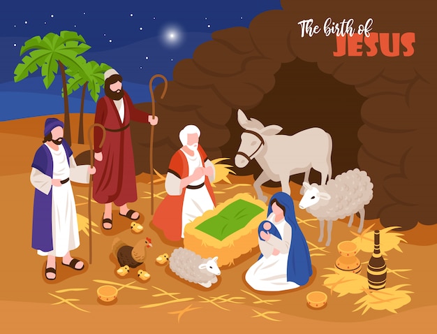 Isometric bible narratives christmas nativity concept banner composition with outdoor composition and human characters with sheeps Free Vector