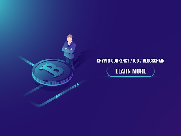 Isometric bitcoin investment and mining, cryptocurrency buy web page Free Vector