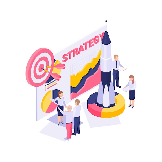Isometric branding strategy concept with rocket target characters colorful diagram illustration Free Vector