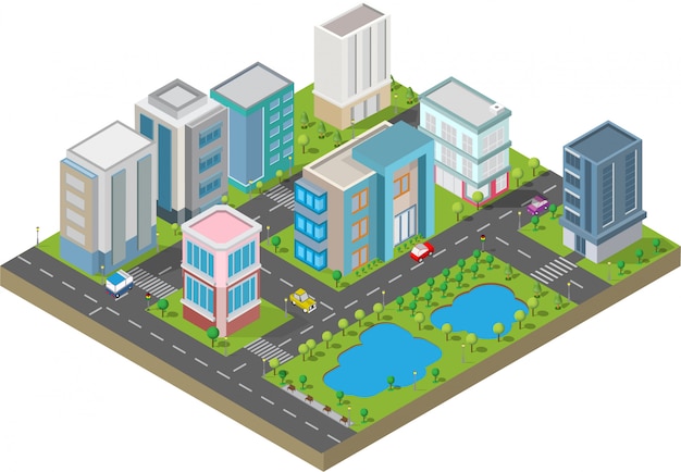 Isometric building . they are on yard with road and trees.smart city and public park Premium Vector