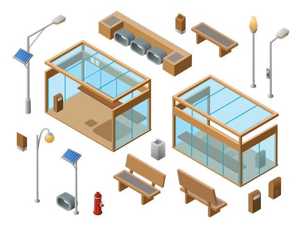 Isometric Bus Stop Objects Set 3d City Glass Station Benches Sun