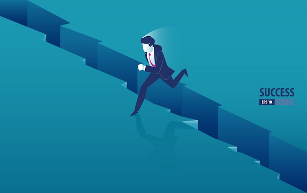Isometric businessman jumping over the gap between cliffs. business vector illustration Premium Vect