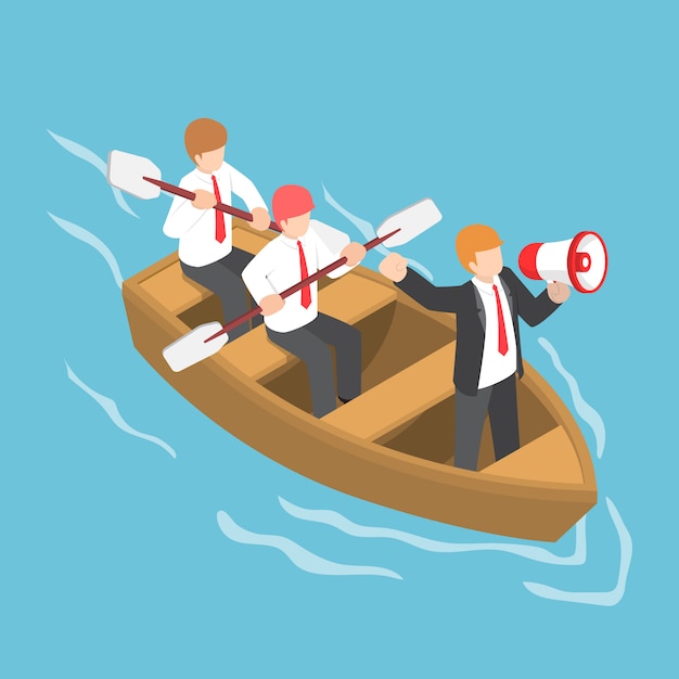 Isometric businessman in rowing team with leader command and control ...