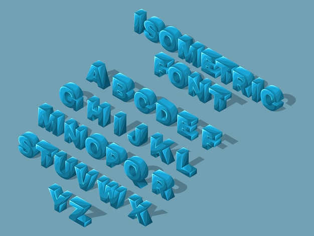 等尺性漫画フォント 文字 イラストを作成する英語のアルファベットの青い文字の明るい大きなセット プレミアムベクター