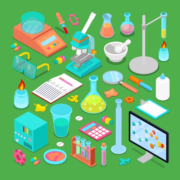Premium Vector | Isometric chemical research elements set with atom ...