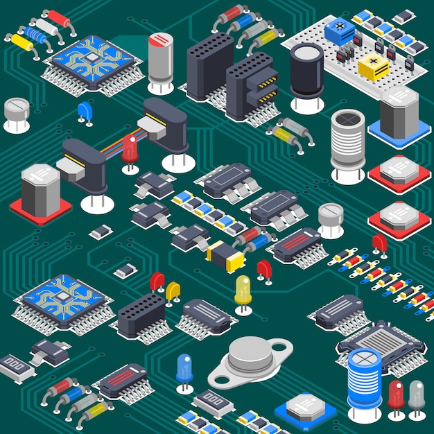 Isometric circuit board composition Free Vector