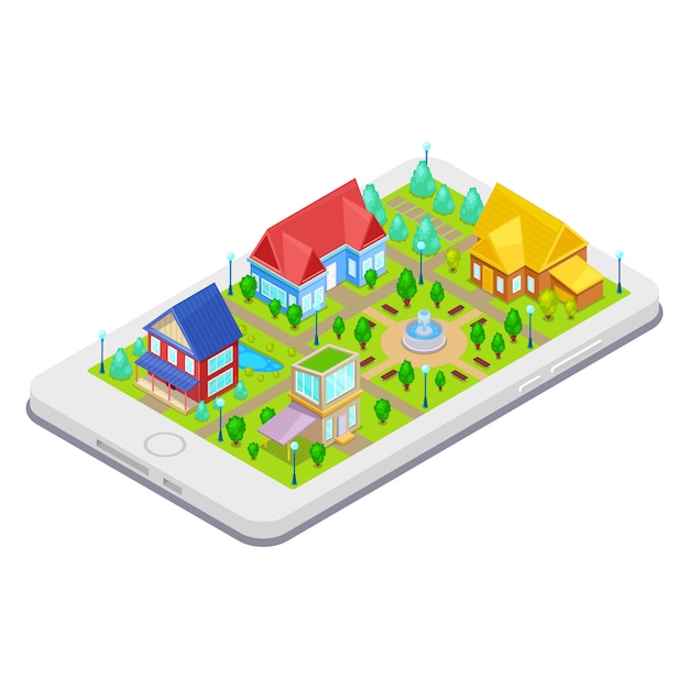 Isometric city infrastructure with houses trees and fountain on mobile phone Premium Vector