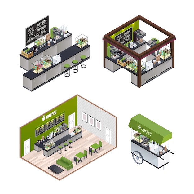 Free Vector Isometric Coffee Shops Set