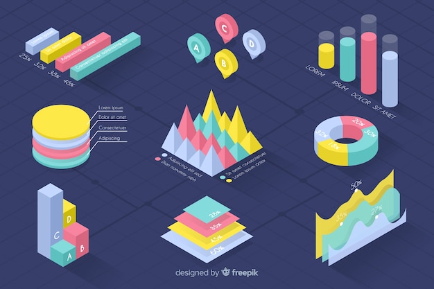 Isometric colorful statistic template collection Free Vector