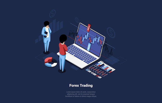 Isometric composition of forex trading concept on dark Premium Vector