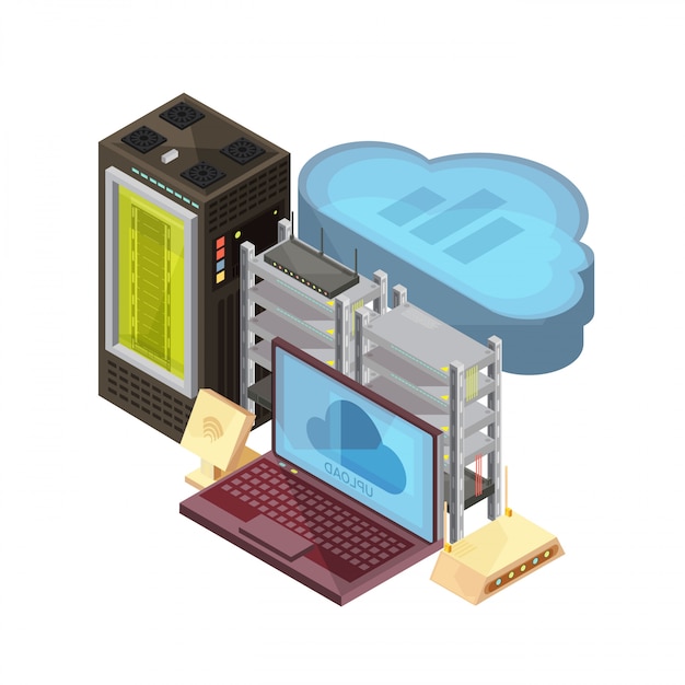 Isometric composition with data cloud, laptop, hosting server, router, wifi on white background vector illustration Free Vector