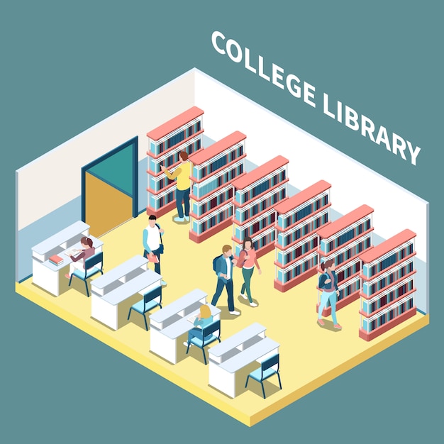 Download Free Vector | Isometric composition with students studying in college library 3d vector illustration