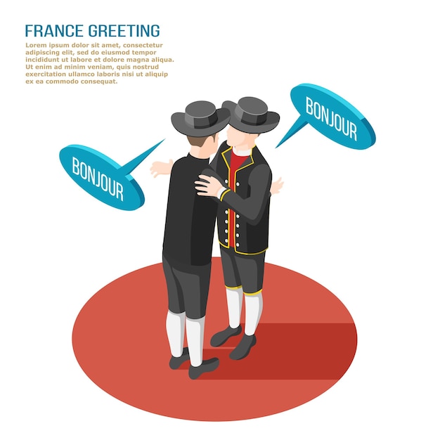 民族衣装を着た2人のフランス人がお互いに挨拶する等角投影図3dイラスト 無料のベクター