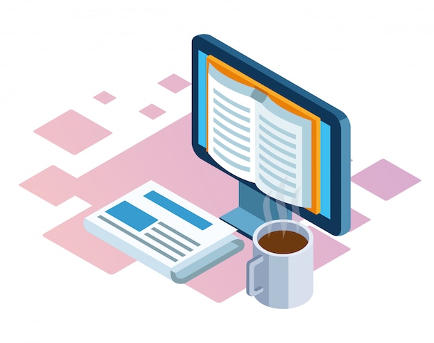 Isometric of computer, newspaper and coffee mug over white ...