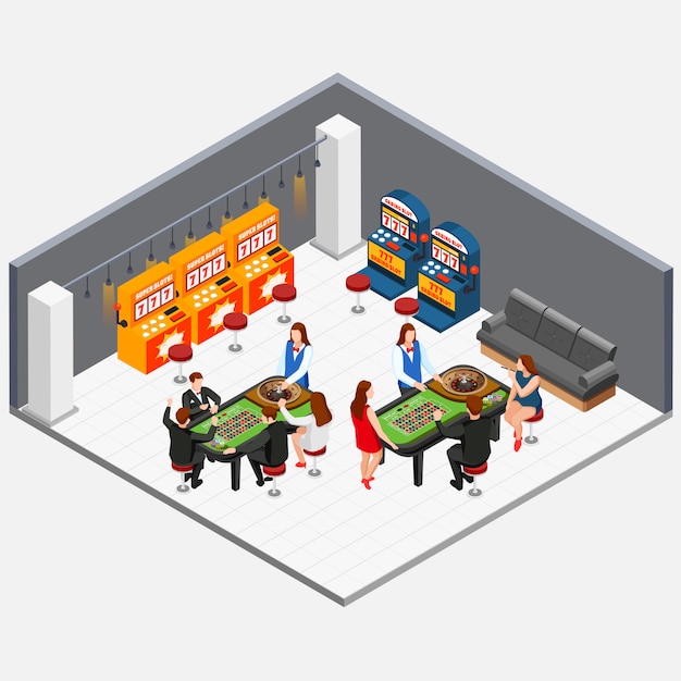 Download Isometric concept with people playing in casino room with game machines 3d vector illustration ...