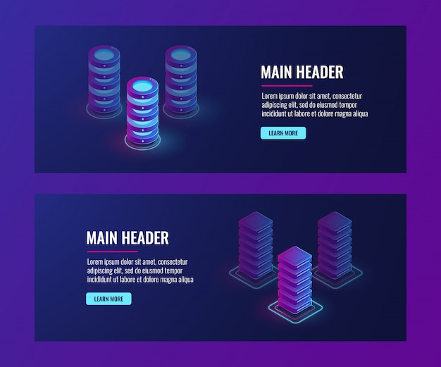Isometric data flow processing, server room, data center and database banner, web host Free Vector