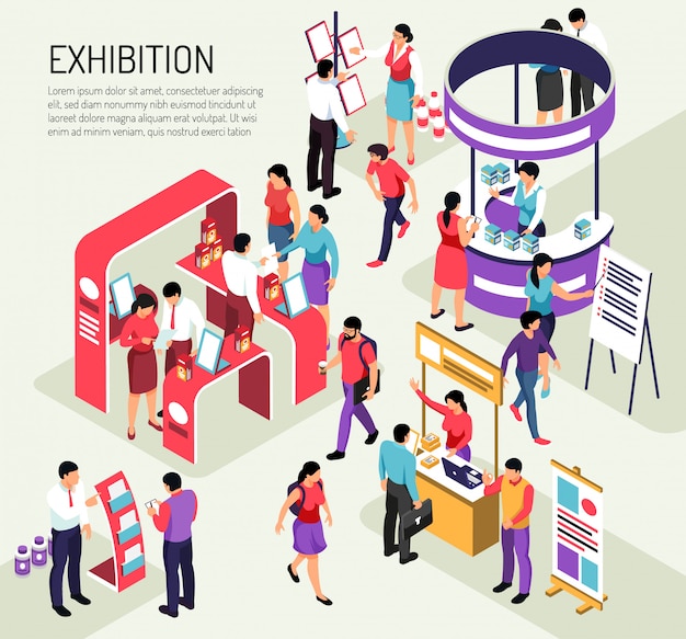 Isometric Expo Exhibition Composition With Editable Text Description And Colourful Exhibit 1238