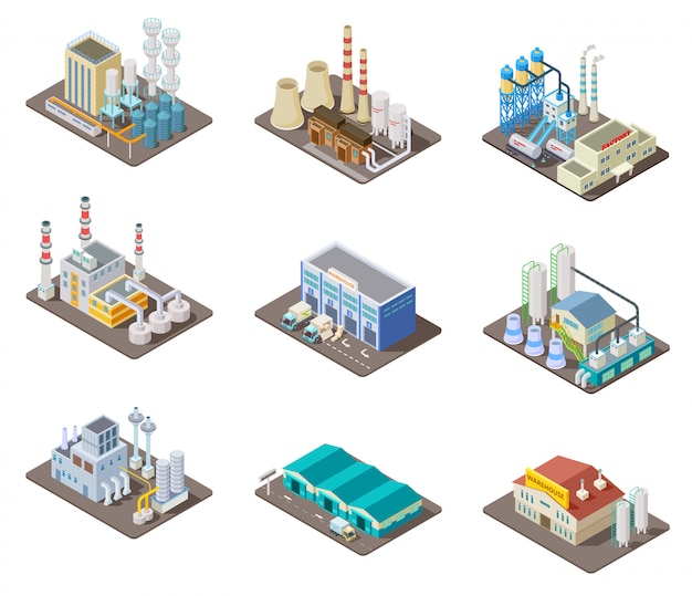 Isometric factory set. 3d industrial buildings, power plant and ...