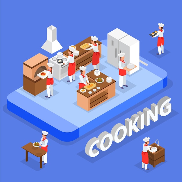 Free Vector | Isometric food order composition with italian restaurant staff cooking in kitchen ...