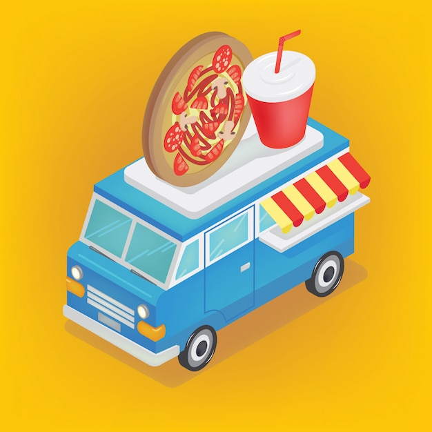 Premium Vector | Isometric food truck with pizza and soda