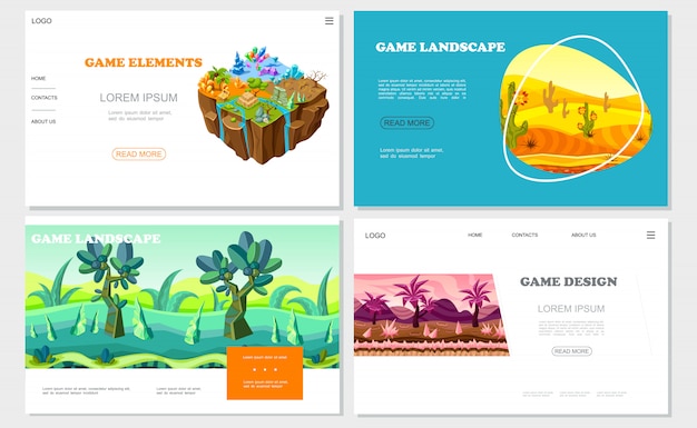 さまざまな理由で設定された等尺性ゲーム自然デザインウェブサイト石石砂漠川ファンタジーの森と山の風景 無料のベクター
