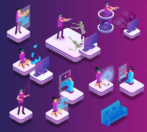 Isometric gaming experience in virtual reality Premium Vector