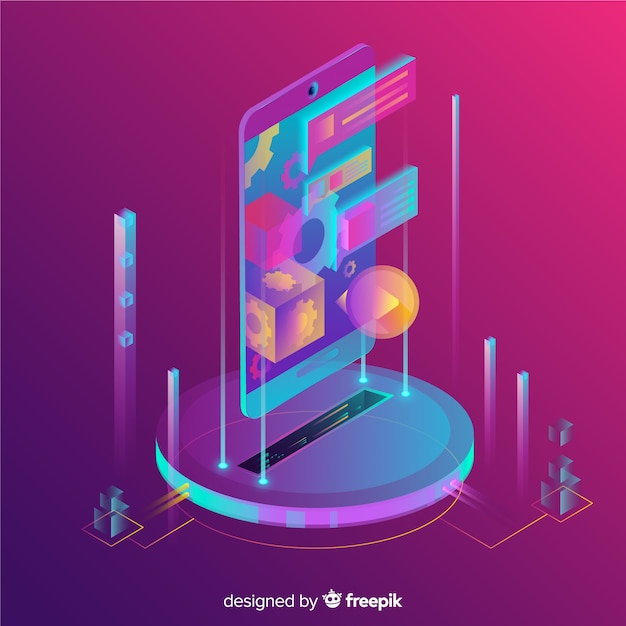 Isometric gradient 3d mobile phone background Free Vector