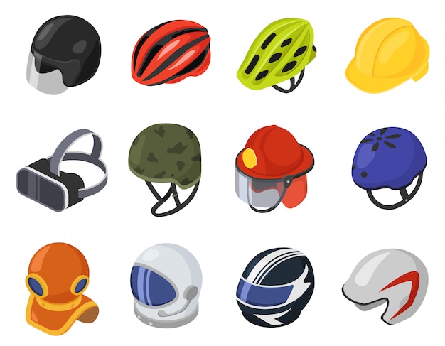 等尺性ヘルメットイラスト 漫画3 D安全ヘルメット 頭の保護 白で隔離されるvrヘルメットアイコンセット プレミアムベクター