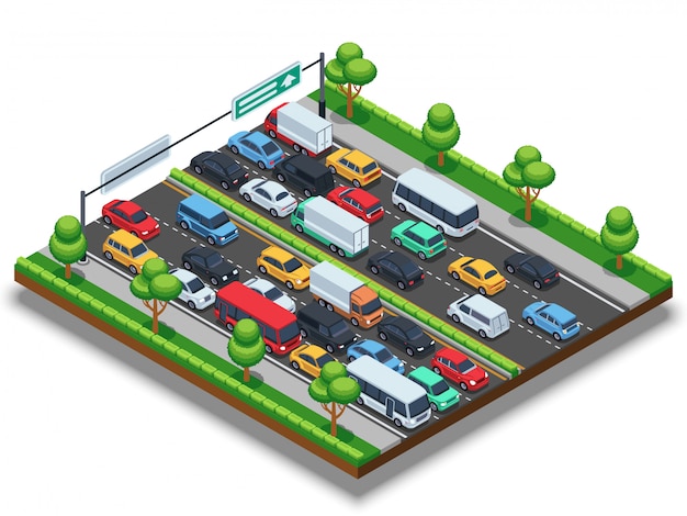 Isometric highway with traffic jam. 3d transportation vector concept with cars and trucks Premium Vector