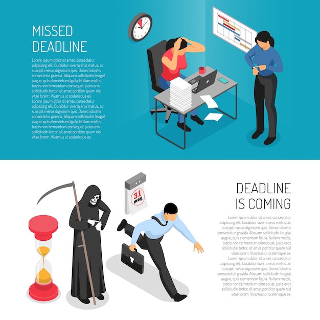 Isometric horizontal banners set with stressed people before deadline 3d Free Vector
