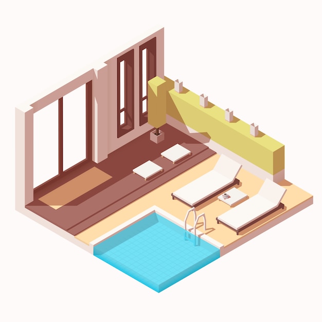 Isometric hotel resort outdoor pool lounge cutaway icon Premium Vector