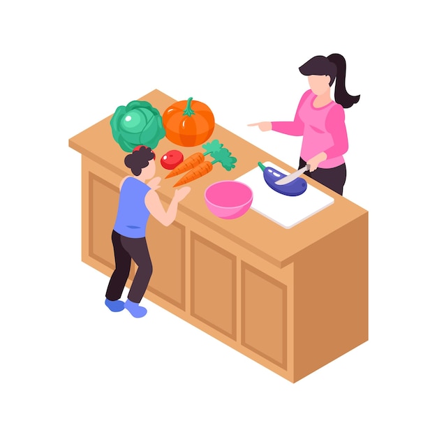 子供と彼のお母さんが台所のテーブルで料理をする等尺性アイコン3dイラスト プレミアムベクター