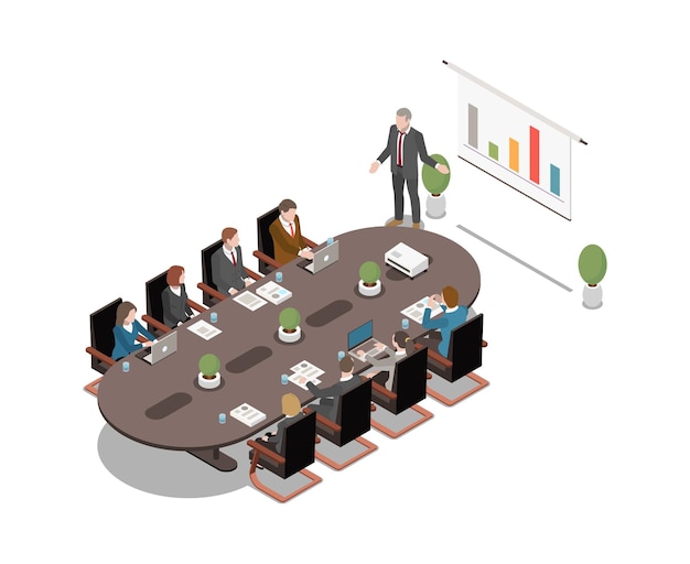 Isometric icon with man presenting project on white board at business meeting Free Vector