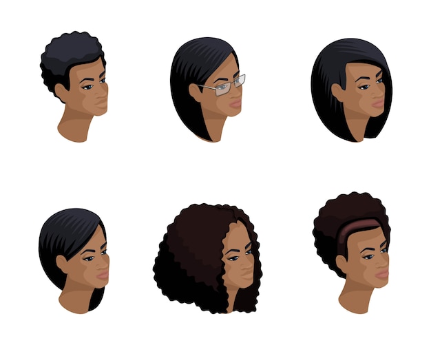 アフリカ系アメリカ人の髪型 顔 目 唇 女性の感情の頭の等尺性のアイコン イラストのための人々の定性的等尺性 プレミアムベクター