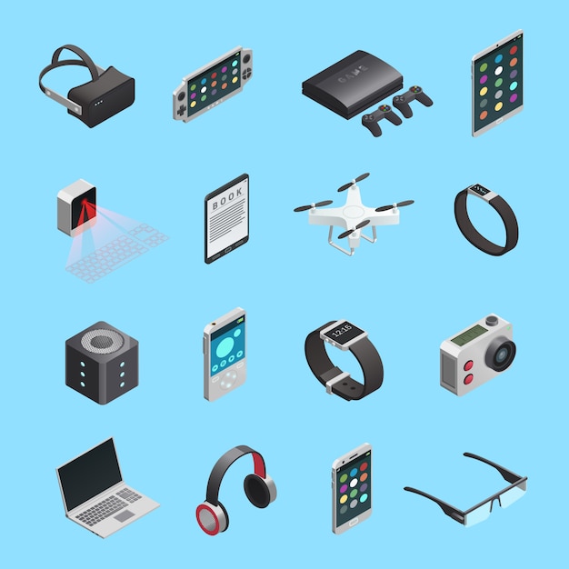 Isometric icons set of different electronic gadgets for ...