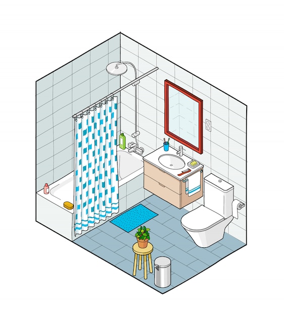 Premium Vector | Isometric illustration of bathroom. hand drawn ...