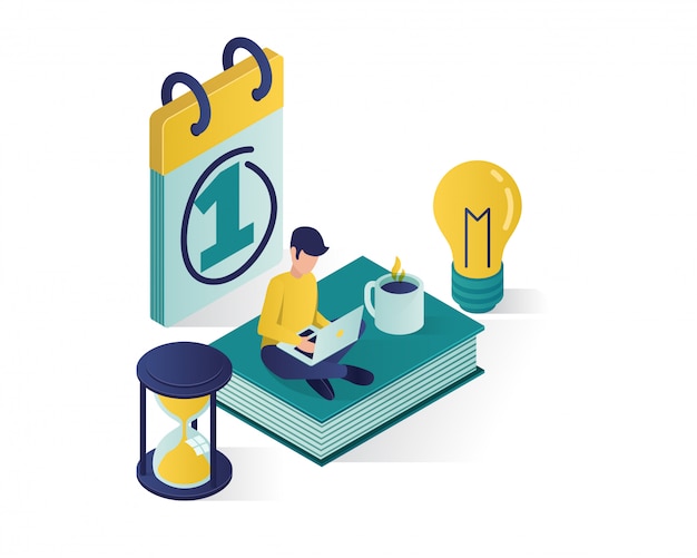 Isometric illustration. isometric people characters make an schedule in the calendar. Premium Vector