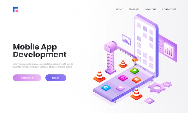 Isometric illustration of multiple application, apps under maintenance by tower crane in smartphone screen for mobile app development concept based landing page design. Premium Vector