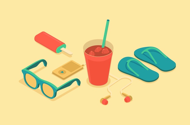 Isometric illustration of summer time objects Premium Vector