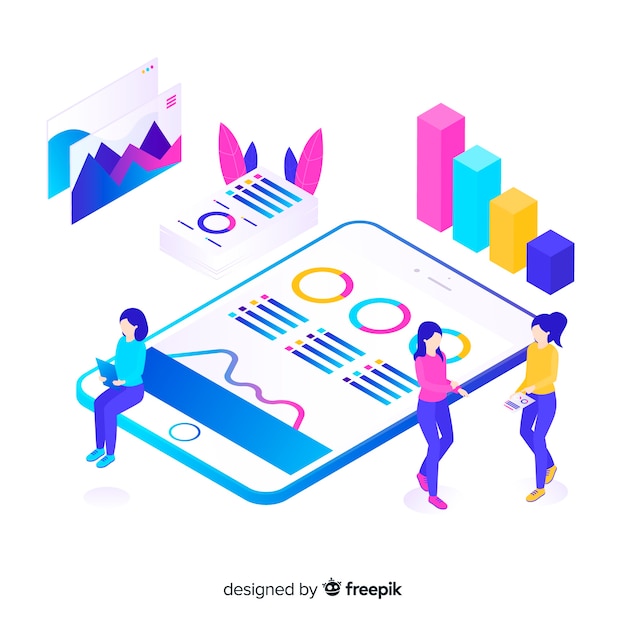 Isometric infographic with charts and
people