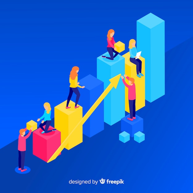 Isometric infographic with charts and\
people