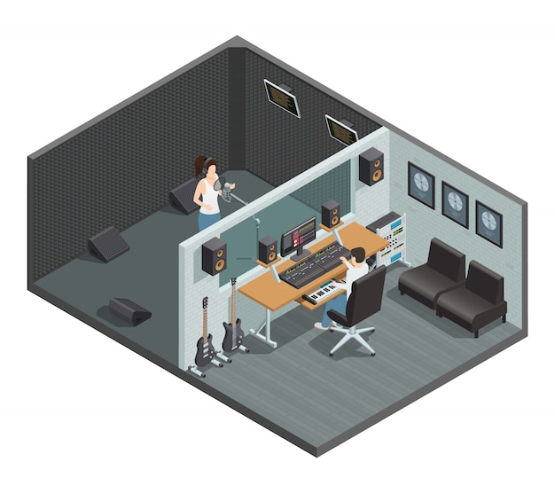 Isometric Interior Of Music Studio With Soundproof Booth For Vocal