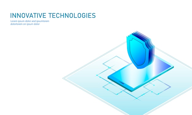 等尺性インターネットセキュリティシールドビジネスコンセプト 青い光る等尺性個人情報データ接続pcスマートフォンの将来の技術 3 Dインフォグラフィック イラスト プレミアムベクター
