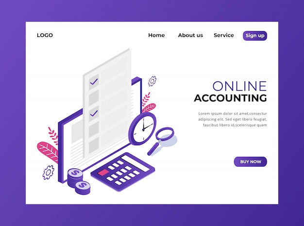 Isometric landing page of online accounting Premium Vector